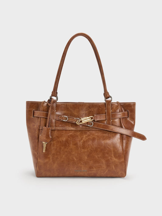 CHARLES & KEITH Essential / Delfina Belted Tote Bag - Distressed Tan