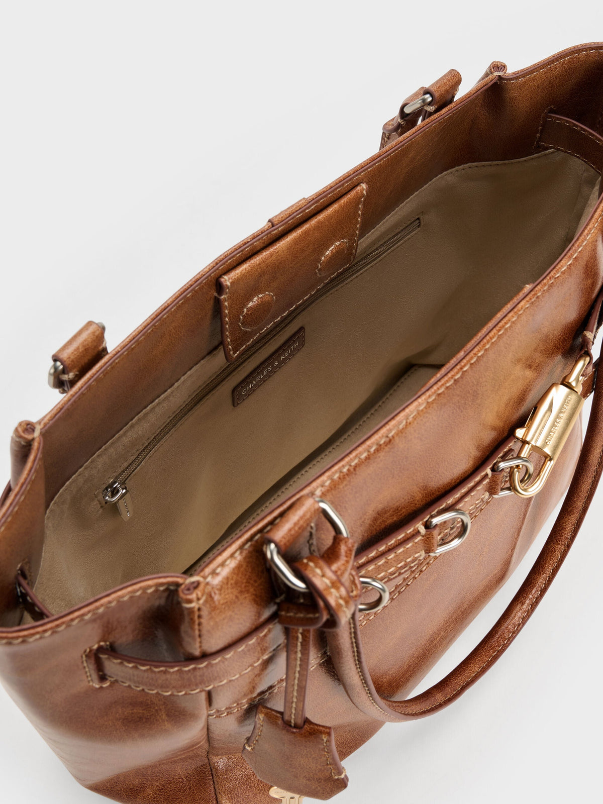 CHARLES & KEITH Essential / Delfina Belted Tote Bag - Distressed Tan