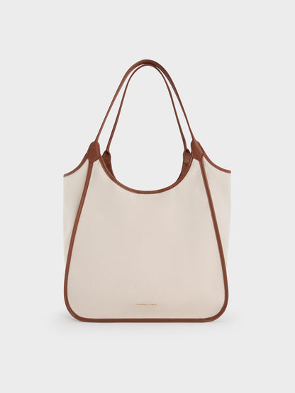 CHARLES & KEITH Essential / Sianna Canvas Contrast-Trim Tote Bag - Taupe Canvas