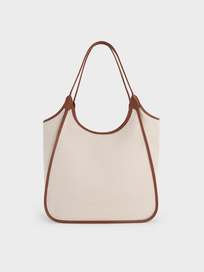 CHARLES & KEITH Essential / Sianna Canvas Contrast-Trim Tote Bag - Taupe Canvas