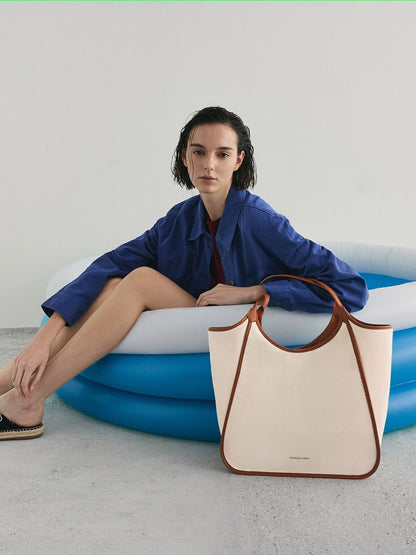 CHARLES & KEITH Essential / Sianna Canvas Contrast-Trim Tote Bag - Taupe Canvas