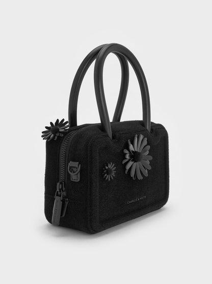 CHARLES & KEITH Value / Perline Boxy Top Handle Bag With Floral Appliques - Jet Black