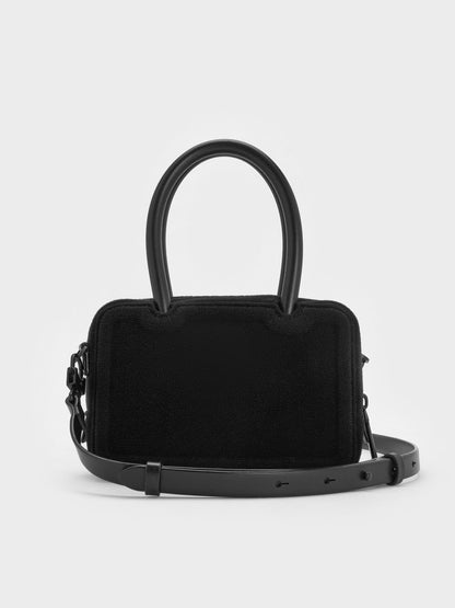 CHARLES & KEITH Value / Perline Boxy Top Handle Bag With Floral Appliques - Jet Black