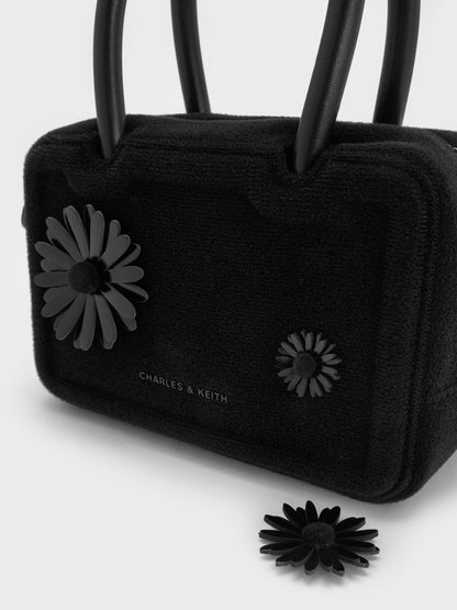 CHARLES & KEITH Value / Perline Boxy Top Handle Bag With Floral Appliques - Jet Black