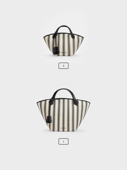 CHARLES & KEITH Classic / Mini Ivanna Canvas Striped Tote Bag - Noir