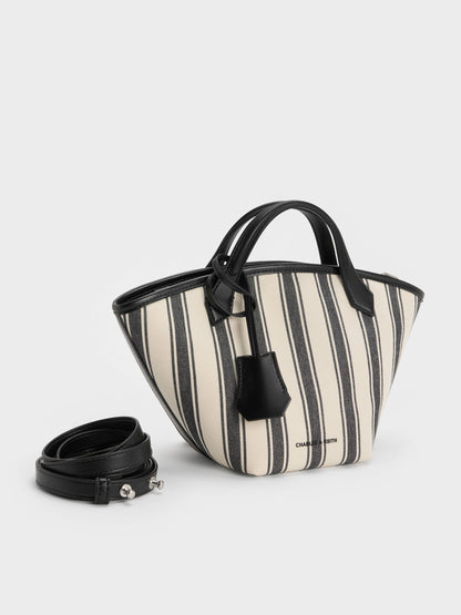 CHARLES & KEITH Classic / Mini Ivanna Canvas Striped Tote Bag - Noir