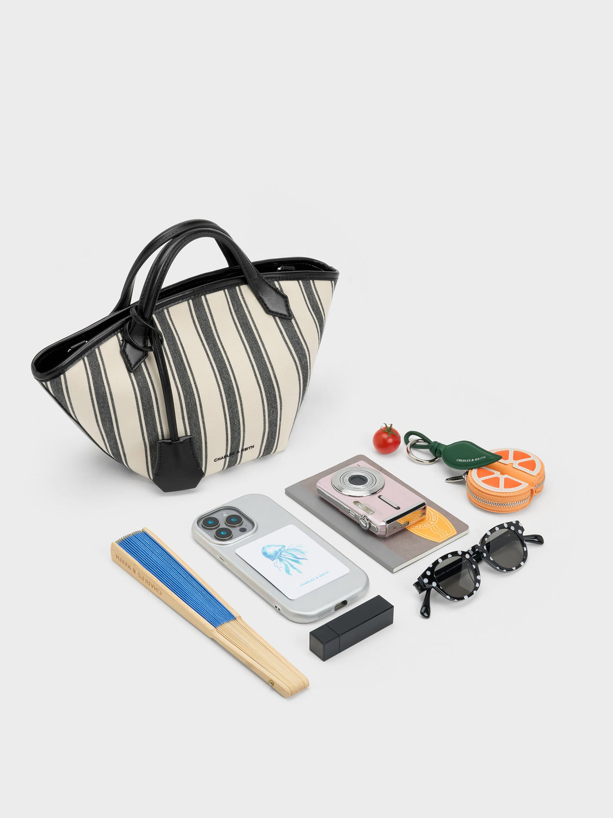 CHARLES & KEITH Classic / Mini Ivanna Canvas Striped Tote Bag - Noir