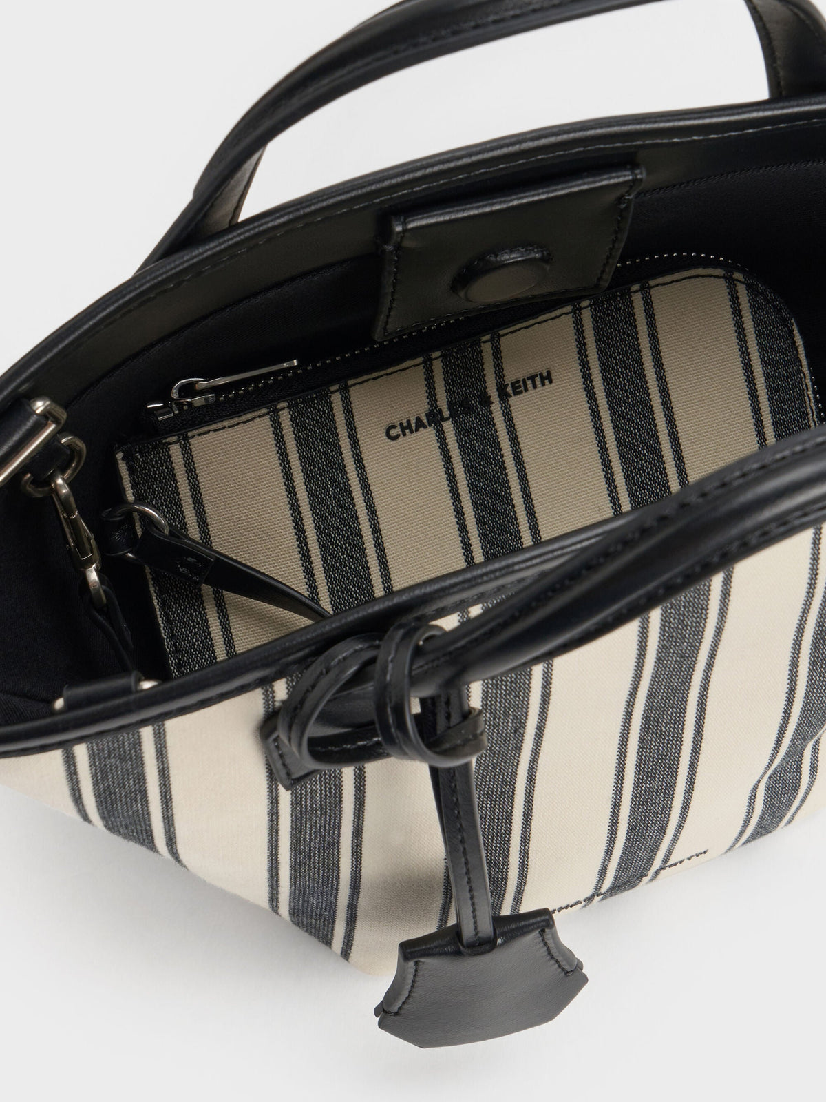 CHARLES & KEITH Classic / Mini Ivanna Canvas Striped Tote Bag - Noir