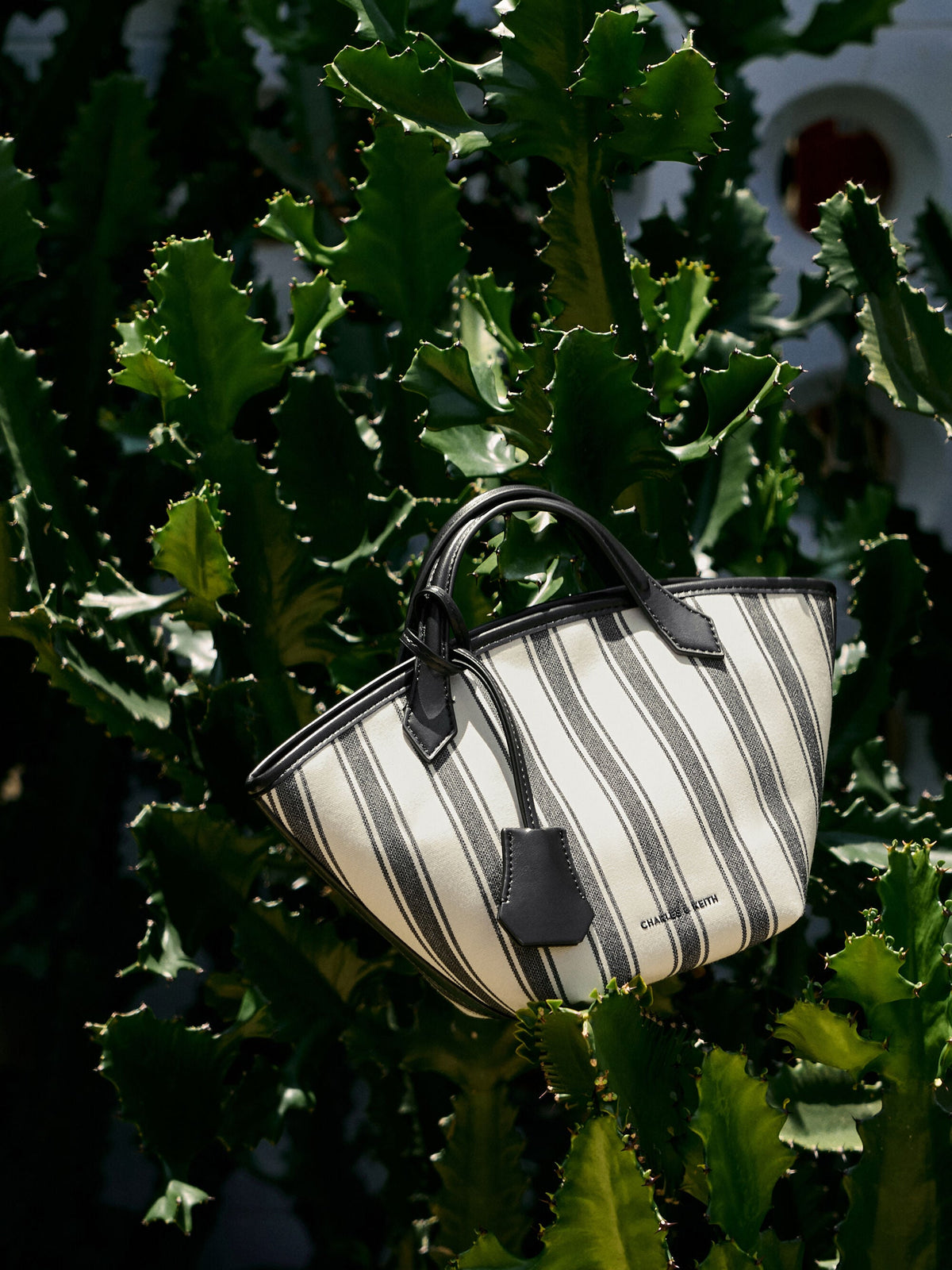 CHARLES & KEITH Classic / Mini Ivanna Canvas Striped Tote Bag - Noir