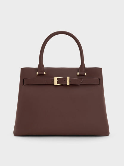 CHARLES & KEITH Recommended / Voyager Leather Belted Tote Bag - Dark Brown
