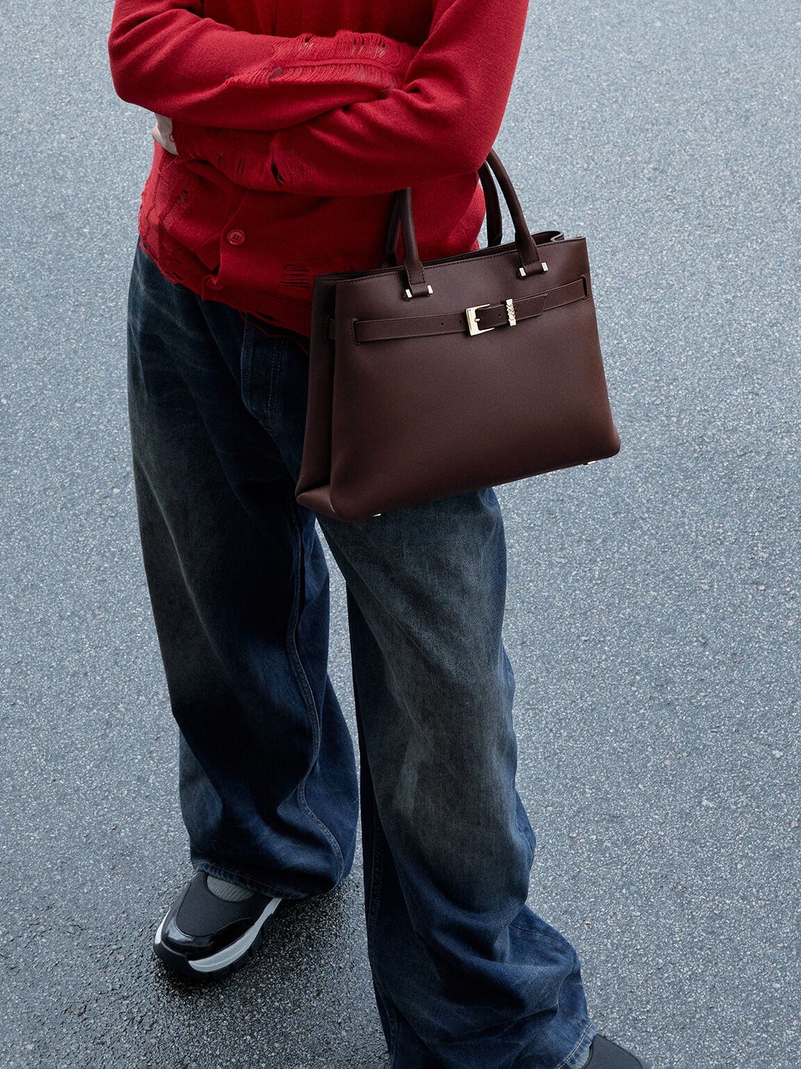 CHARLES & KEITH Recommended / Voyager Leather Belted Tote Bag - Dark Brown
