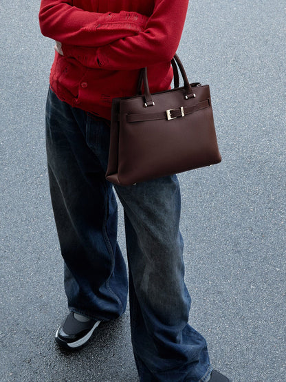 CHARLES & KEITH Recommended / Voyager Leather Belted Tote Bag - Dark Brown