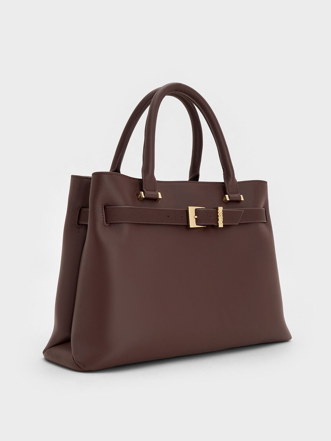 CHARLES & KEITH Recommended / Voyager Leather Belted Tote Bag - Dark Brown