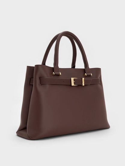 CHARLES & KEITH Recommended / Voyager Leather Belted Tote Bag - Dark Brown