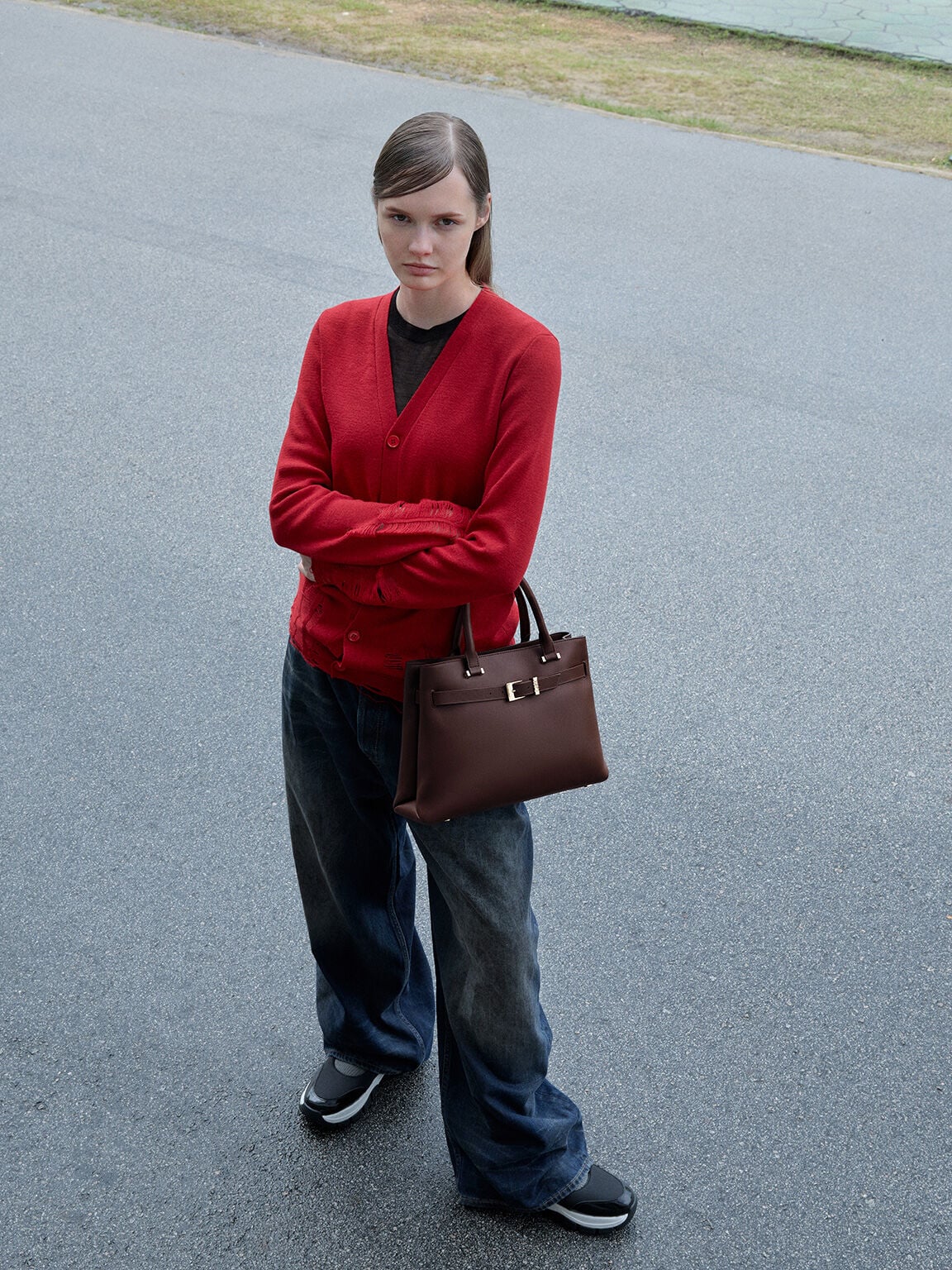 CHARLES & KEITH Recommended / Voyager Leather Belted Tote Bag - Dark Brown