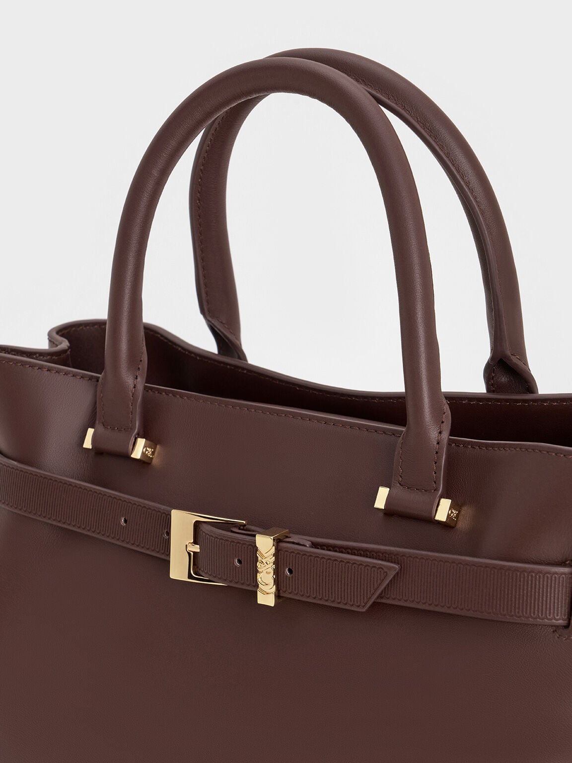 CHARLES & KEITH Recommended / Voyager Leather Belted Tote Bag - Dark Brown