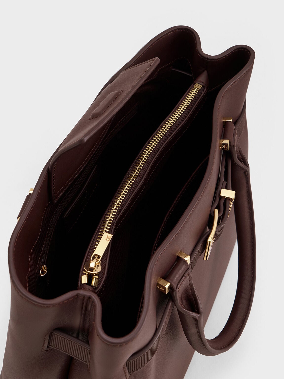 CHARLES & KEITH Recommended / Voyager Leather Belted Tote Bag - Dark Brown