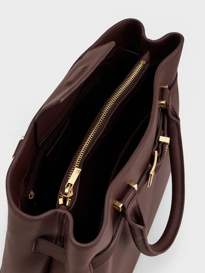 CHARLES & KEITH Recommended / Voyager Leather Belted Tote Bag - Dark Brown