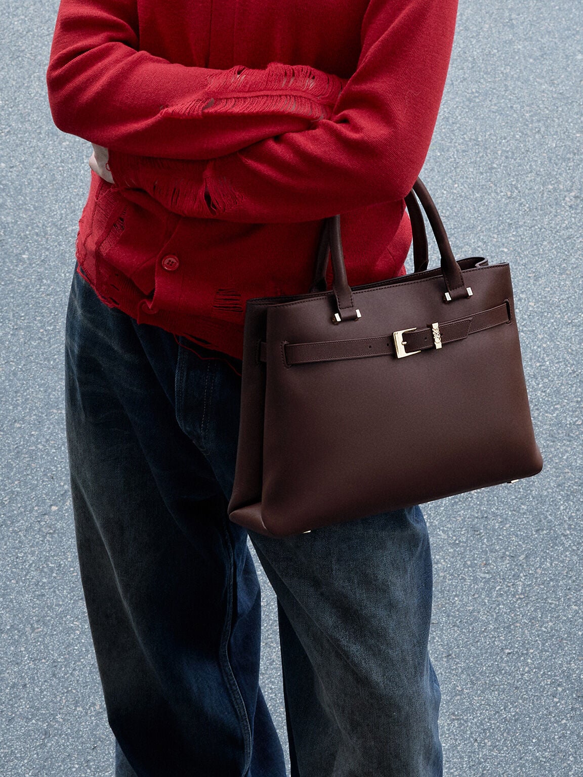 CHARLES & KEITH Recommended / Voyager Leather Belted Tote Bag - Dark Brown