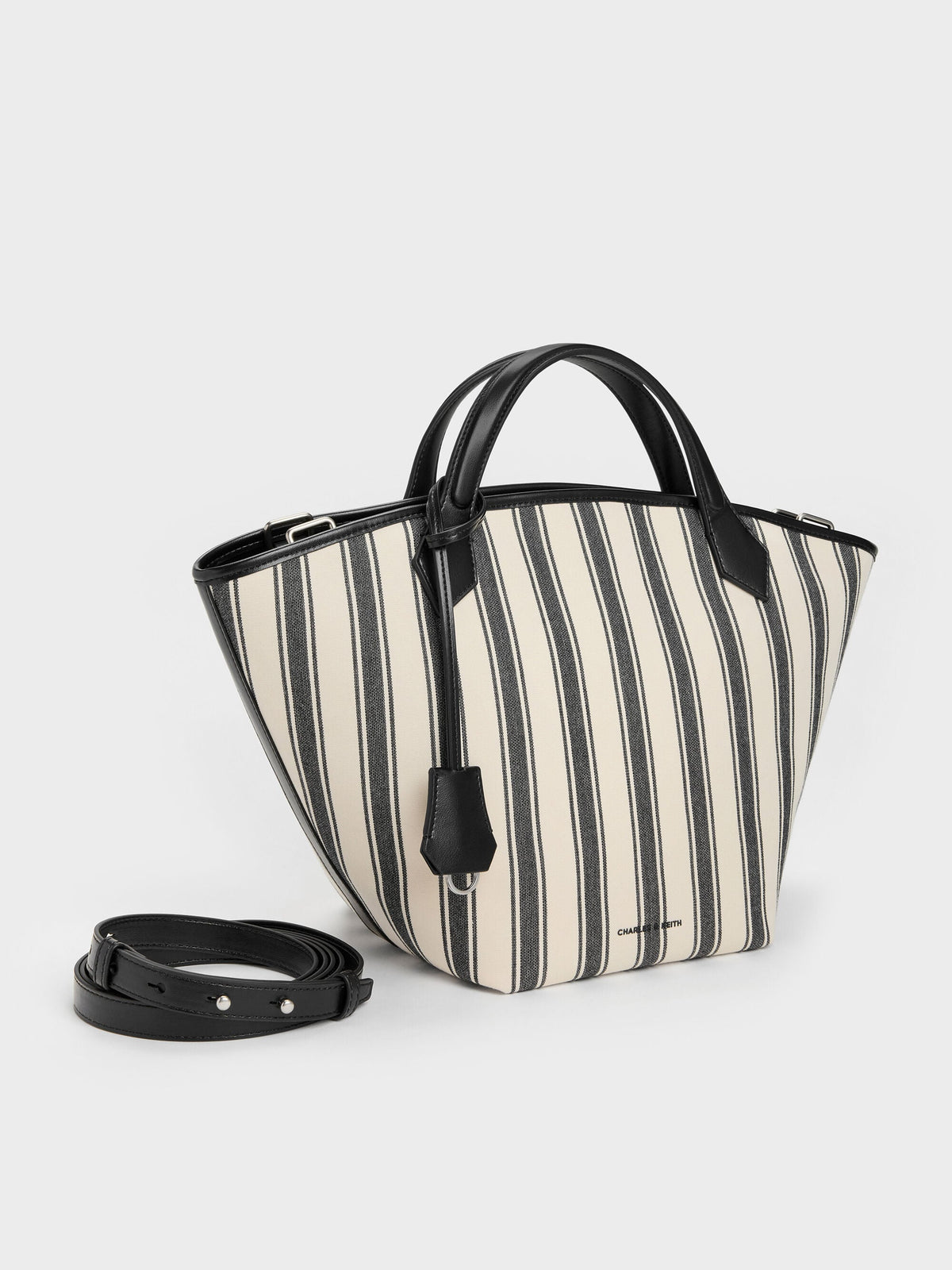 CHARLES & KEITH Popular / Large Ivanna Canvas Striped Tote Bag - Noir