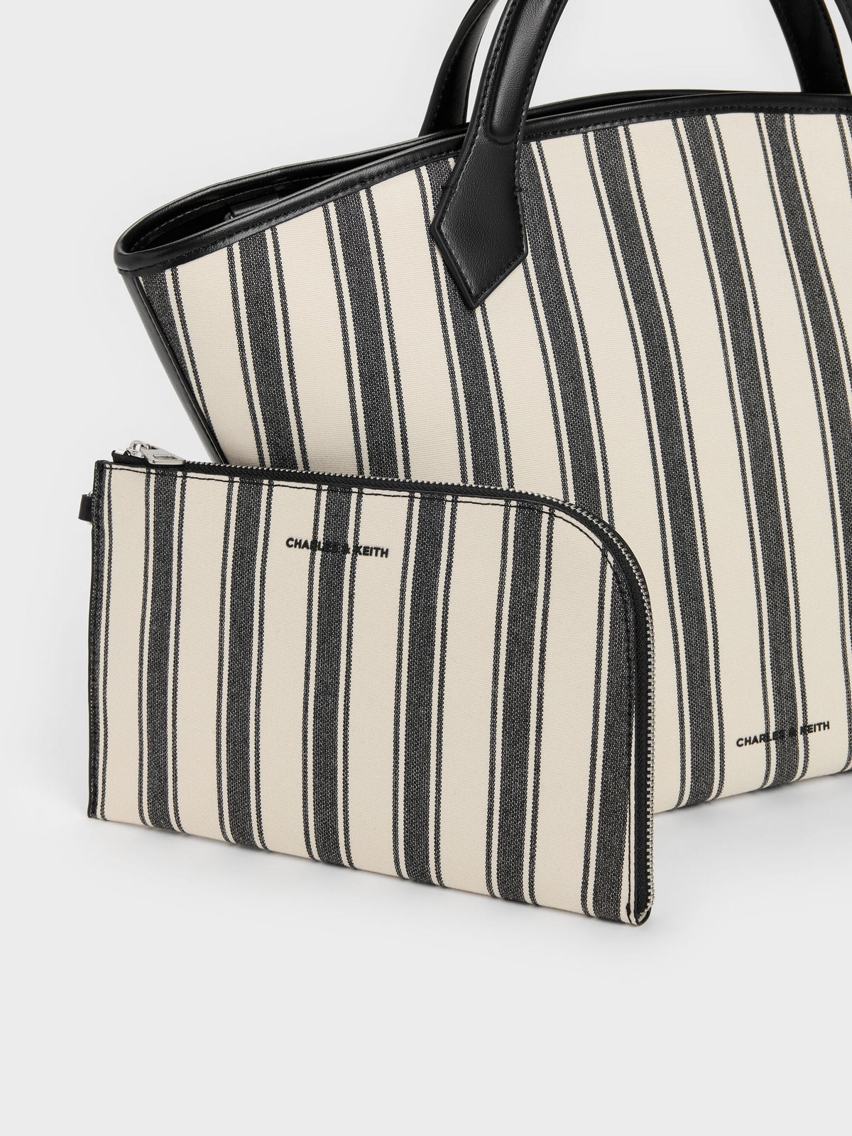 CHARLES & KEITH Popular / Large Ivanna Canvas Striped Tote Bag - Noir