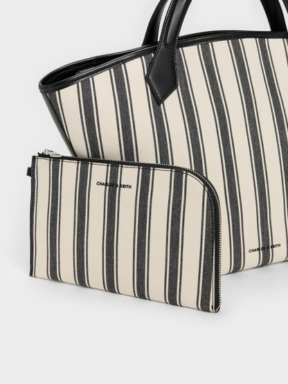 CHARLES & KEITH Popular / Large Ivanna Canvas Striped Tote Bag - Noir