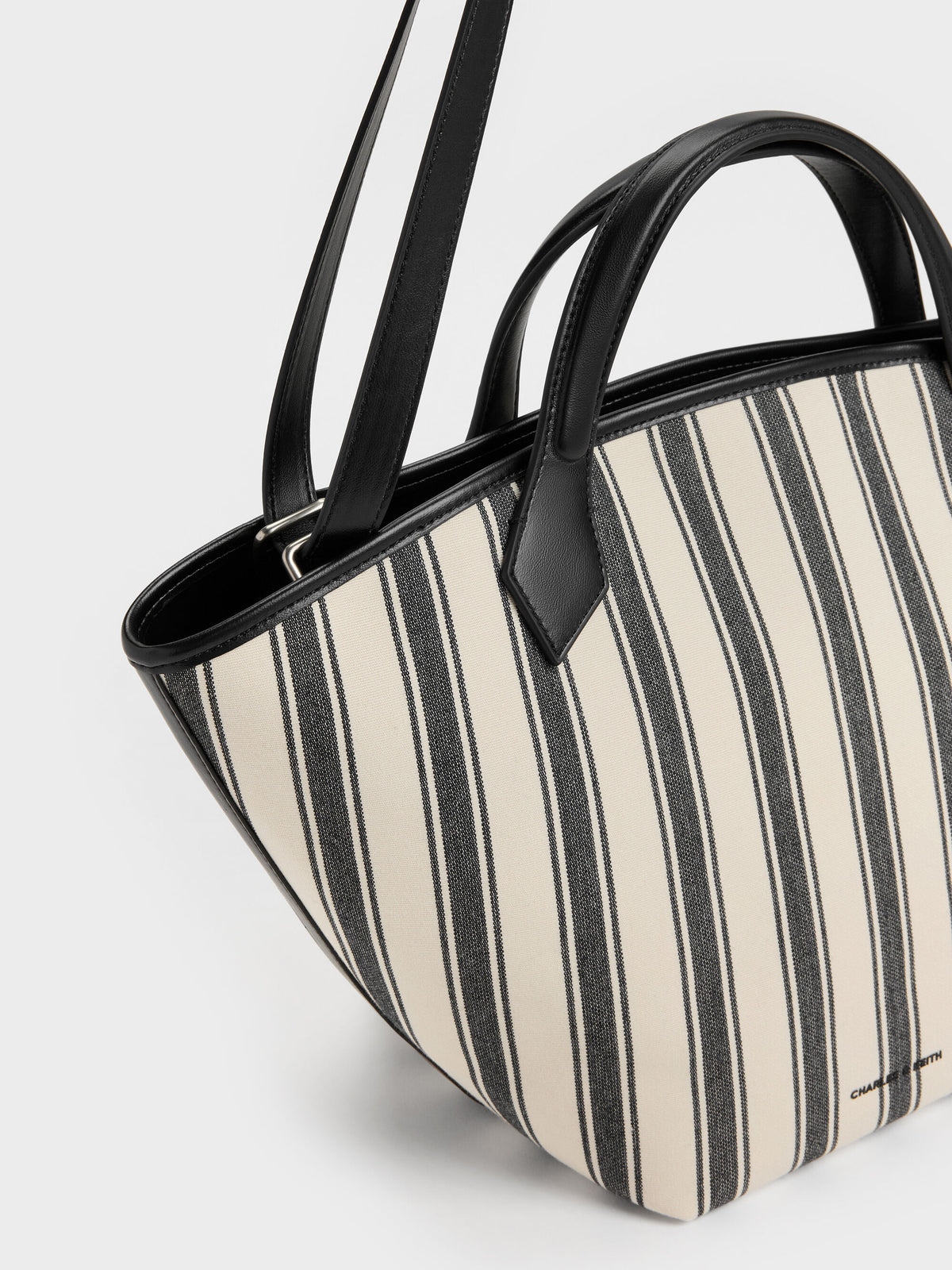 CHARLES & KEITH Popular / Large Ivanna Canvas Striped Tote Bag - Noir