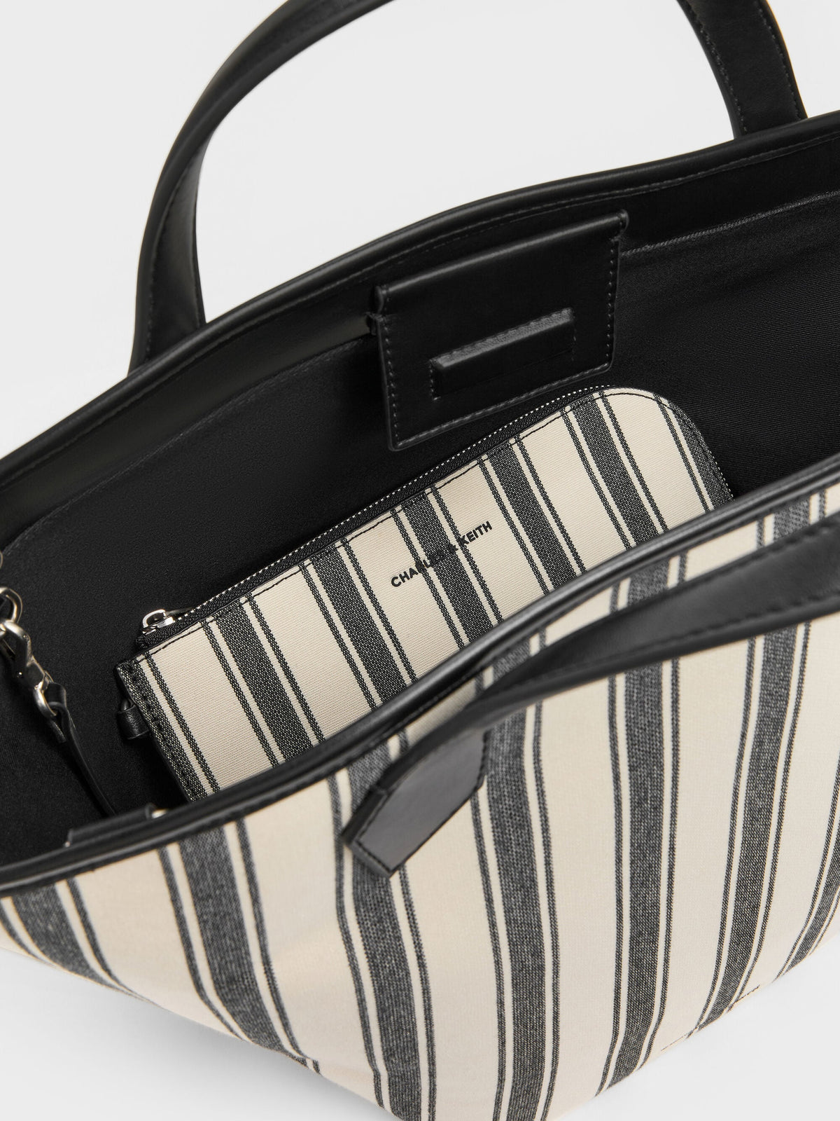 CHARLES & KEITH Popular / Large Ivanna Canvas Striped Tote Bag - Noir