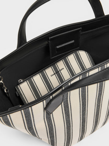 CHARLES & KEITH Popular / Large Ivanna Canvas Striped Tote Bag - Noir