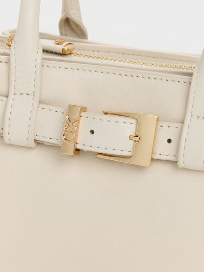 CHARLES & KEITH Trusted / Jody Leather Belted Tote Bag - Chalk