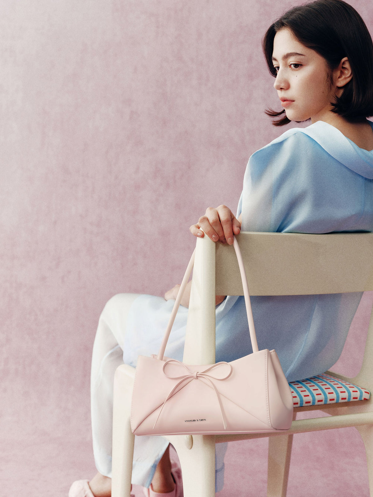 CHARLES & KEITH Trending / Hazel Bow Panelled Shoulder Bag - Soft Pink