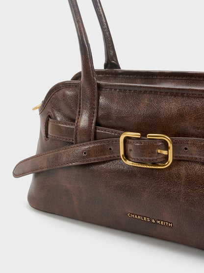 CHARLES & KEITH Exclusive / Victoria Studded Belted Shoulder Bag - Distressed Coffee