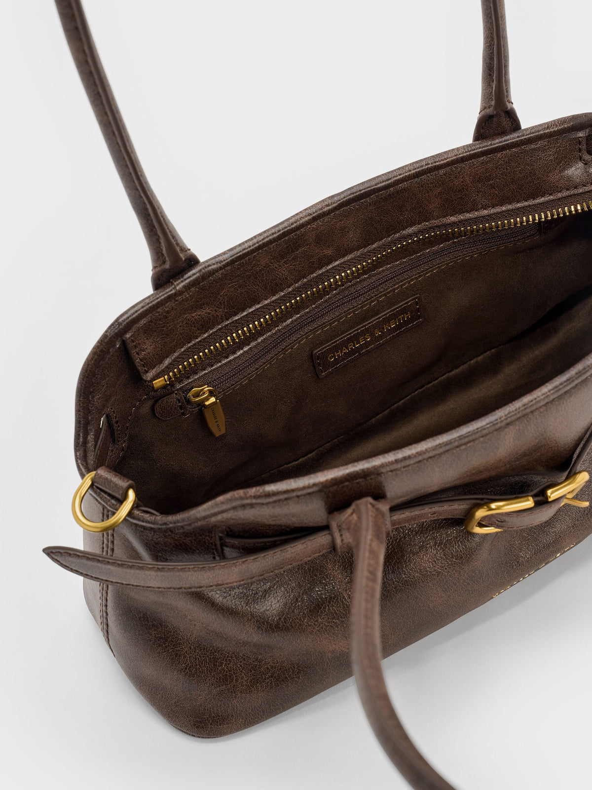 CHARLES & KEITH Exclusive / Victoria Studded Belted Shoulder Bag - Distressed Coffee