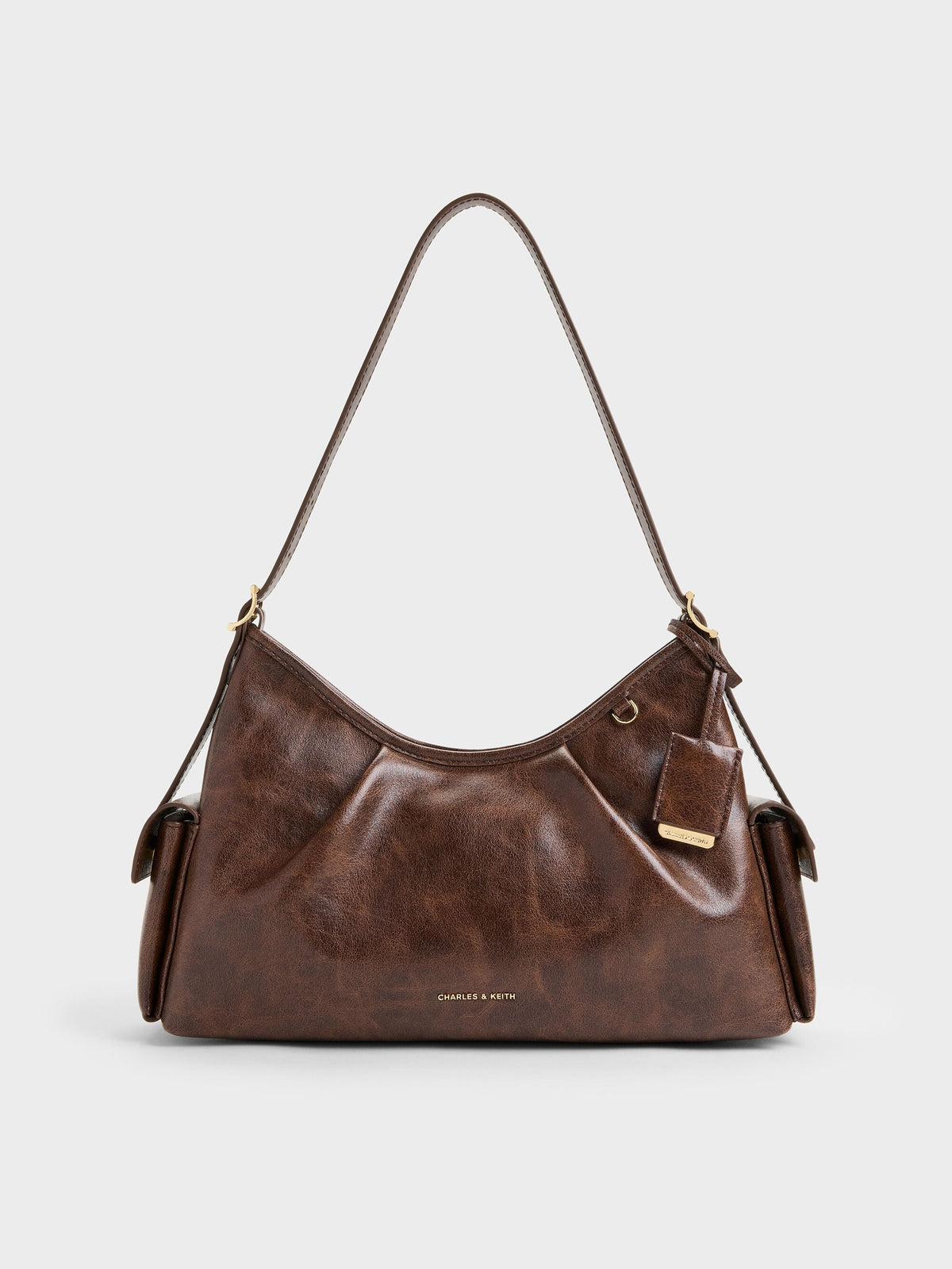 CHARLES & KEITH Quality / Khai Side-Pocket Shoulder Bag - Distressed Coffee