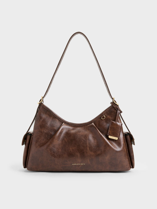 CHARLES & KEITH Quality / Khai Side-Pocket Shoulder Bag - Distressed Coffee