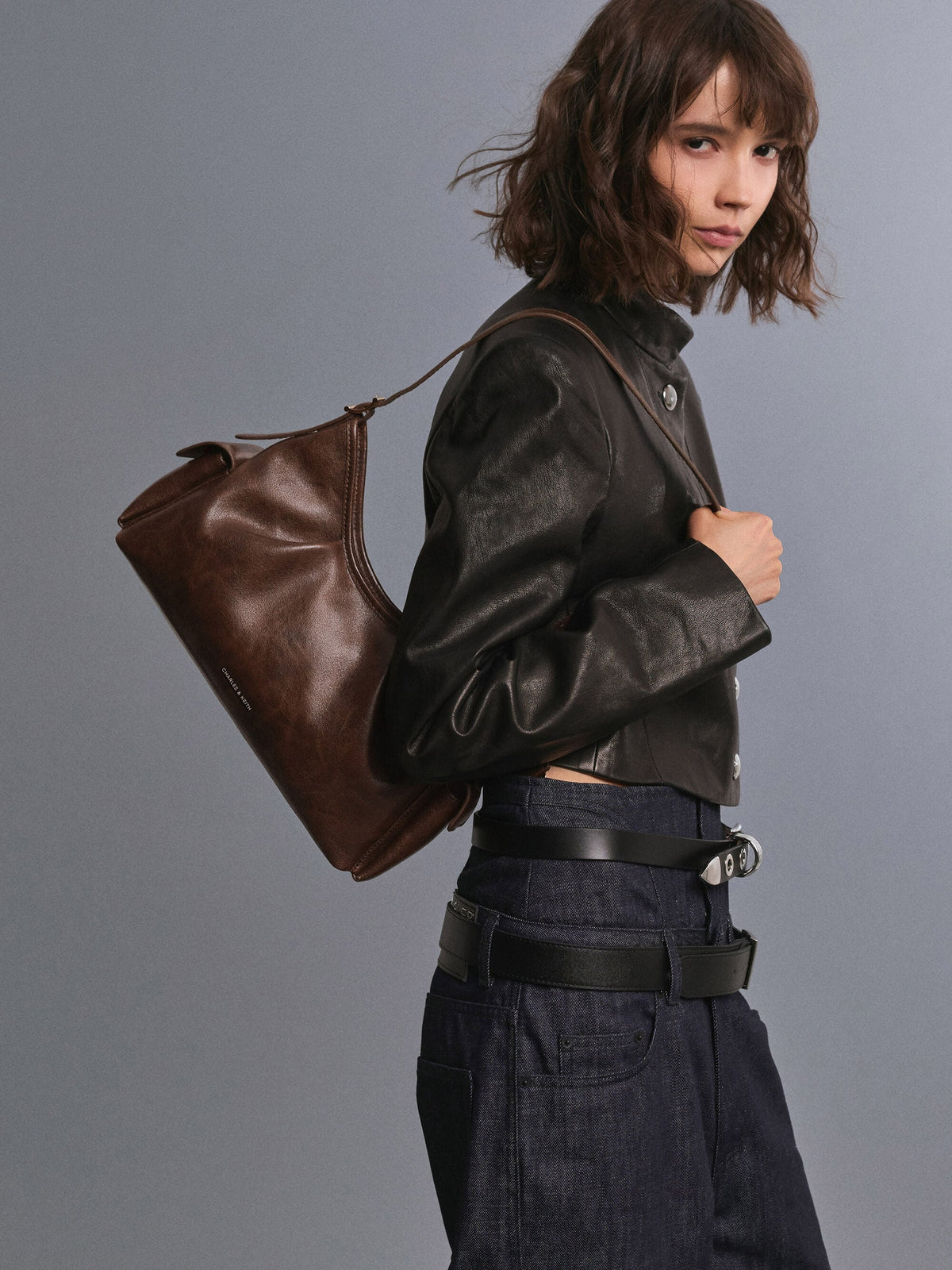 CHARLES & KEITH Quality / Khai Side-Pocket Shoulder Bag - Distressed Coffee