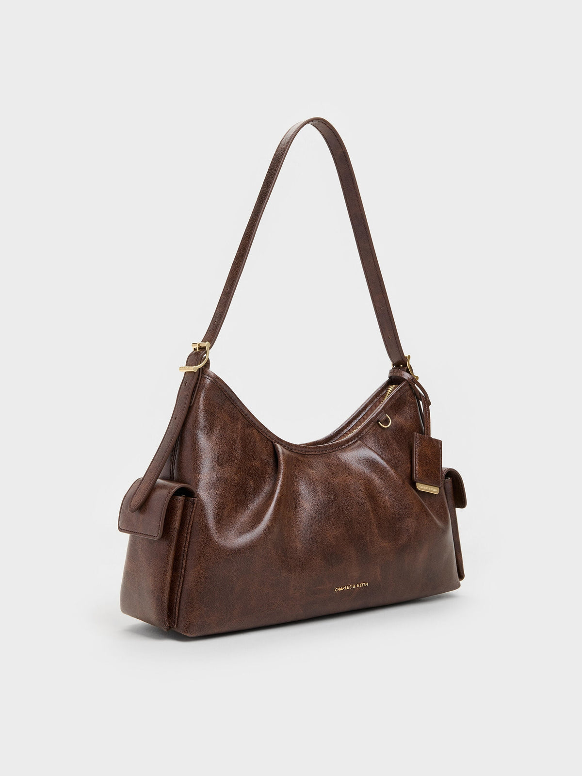 CHARLES & KEITH Quality / Khai Side-Pocket Shoulder Bag - Distressed Coffee