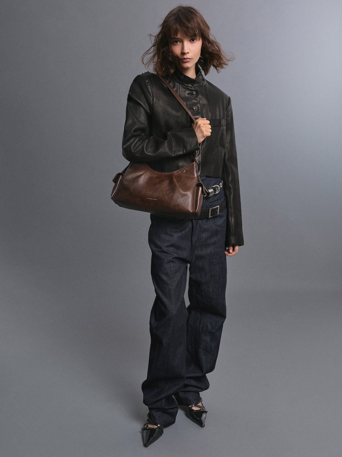 CHARLES & KEITH Quality / Khai Side-Pocket Shoulder Bag - Distressed Coffee