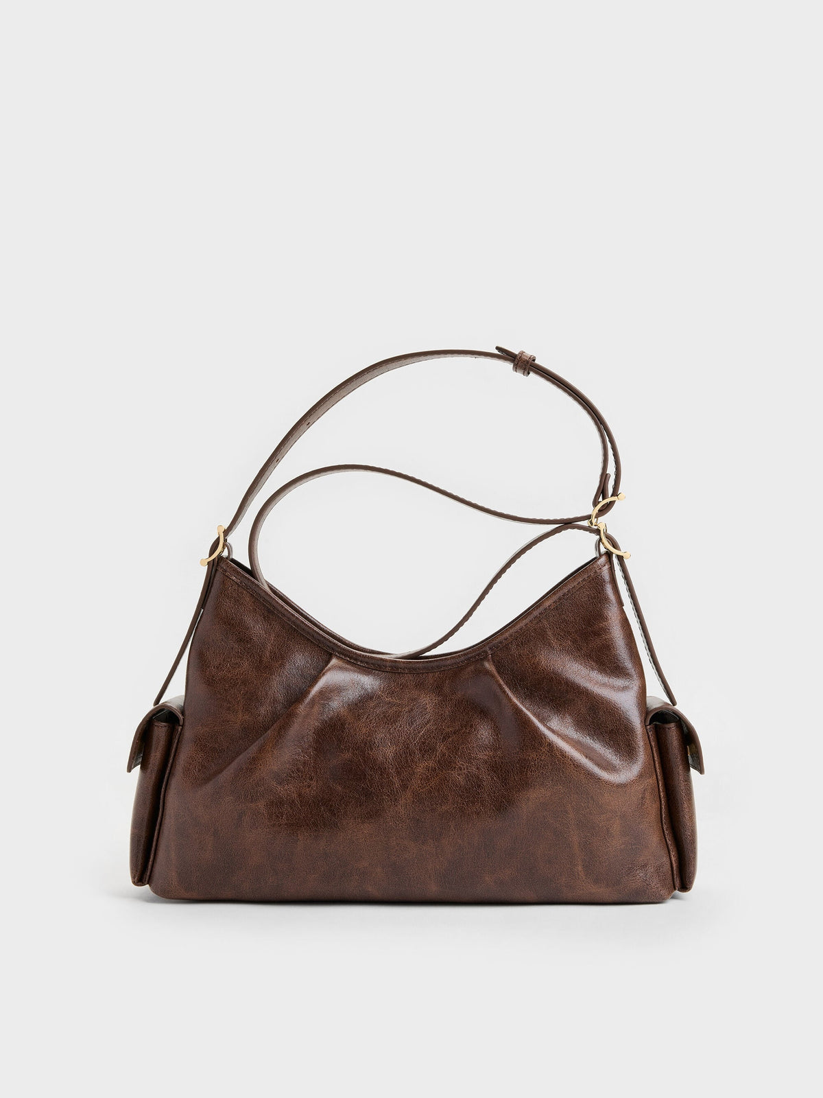 CHARLES & KEITH Quality / Khai Side-Pocket Shoulder Bag - Distressed Coffee