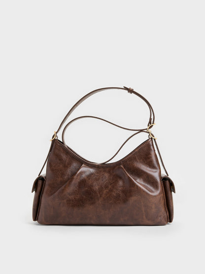 CHARLES & KEITH Quality / Khai Side-Pocket Shoulder Bag - Distressed Coffee