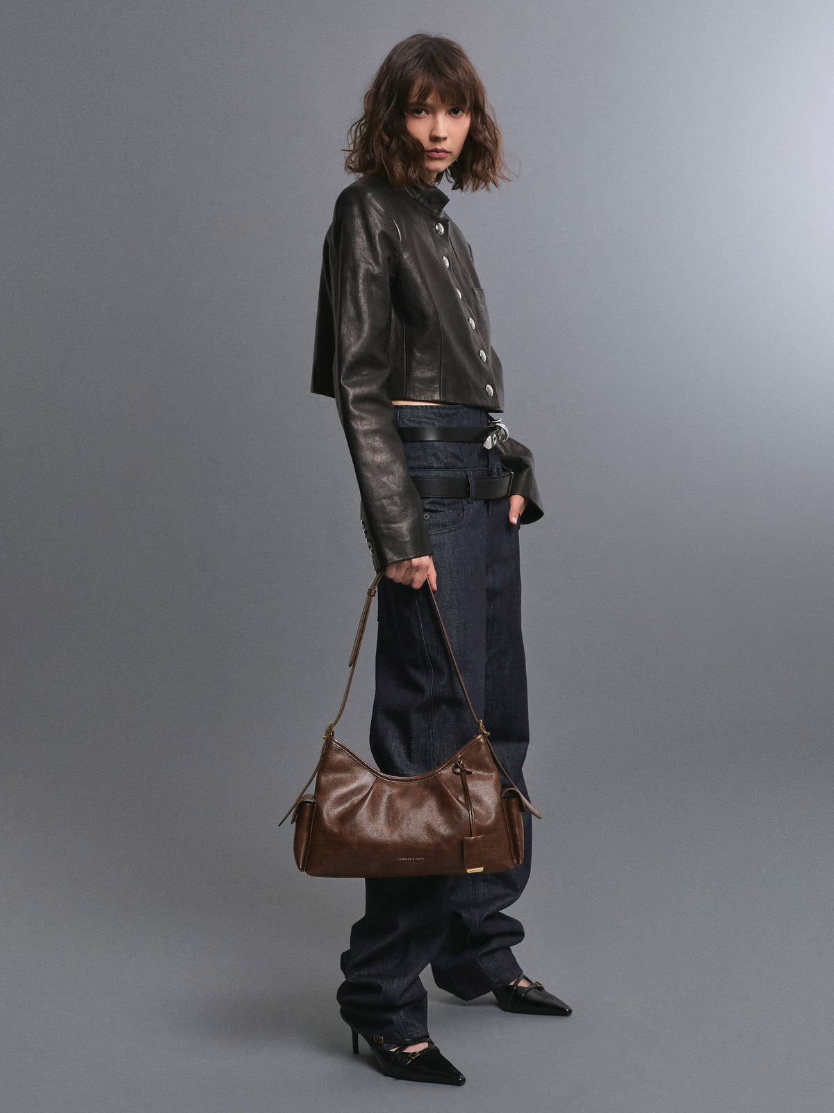 CHARLES & KEITH Quality / Khai Side-Pocket Shoulder Bag - Distressed Coffee