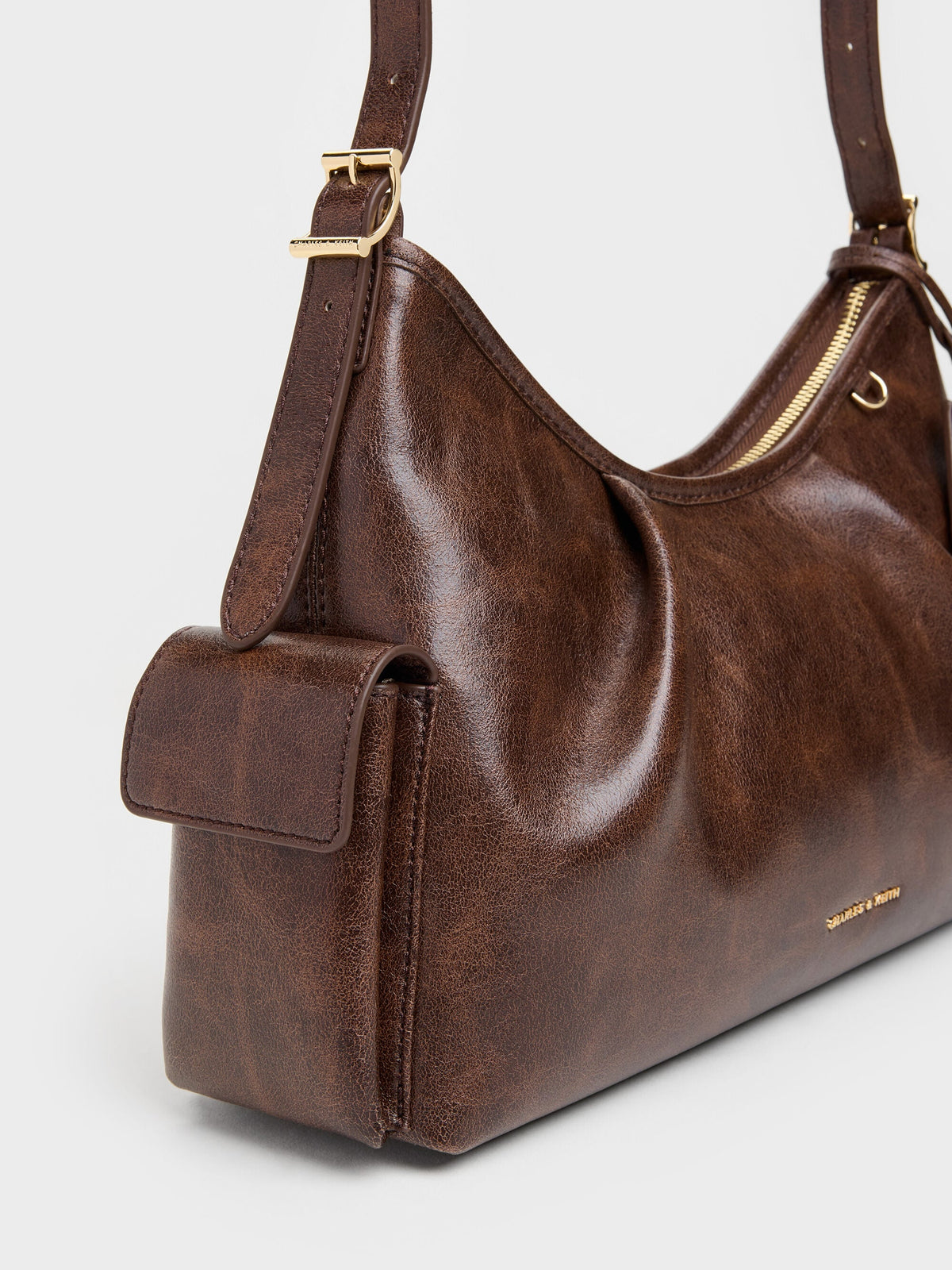 CHARLES & KEITH Quality / Khai Side-Pocket Shoulder Bag - Distressed Coffee