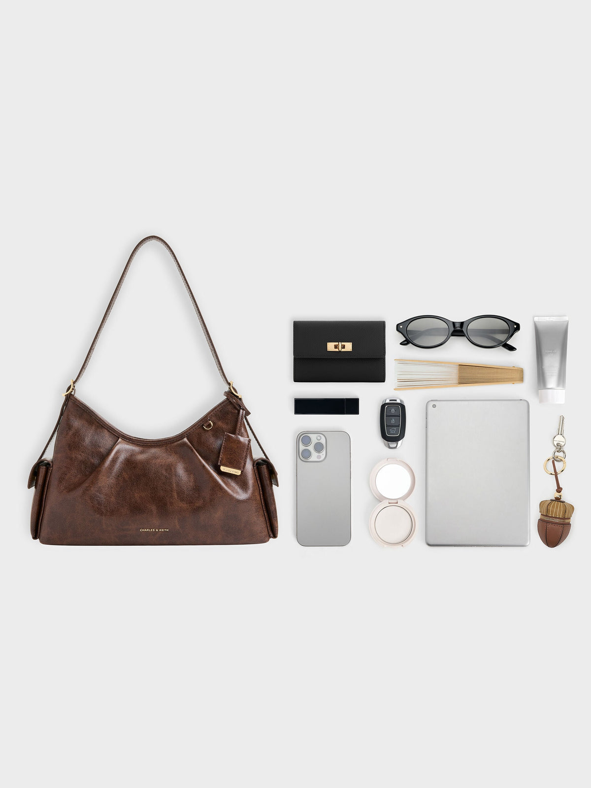 CHARLES & KEITH Quality / Khai Side-Pocket Shoulder Bag - Distressed Coffee