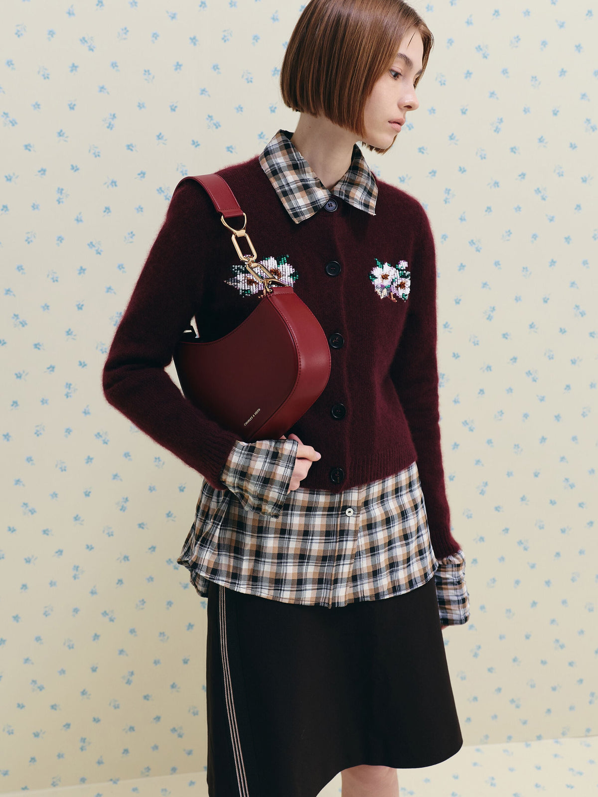 CHARLES & KEITH Value / Agatha Chain-Strap Shoulder Bag - Burgundy