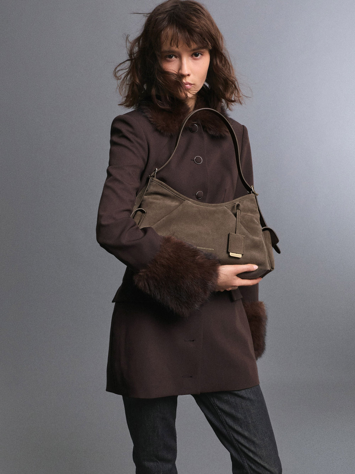 CHARLES & KEITH New / Khai Side-Pocket Shoulder Bag - Stone Grey