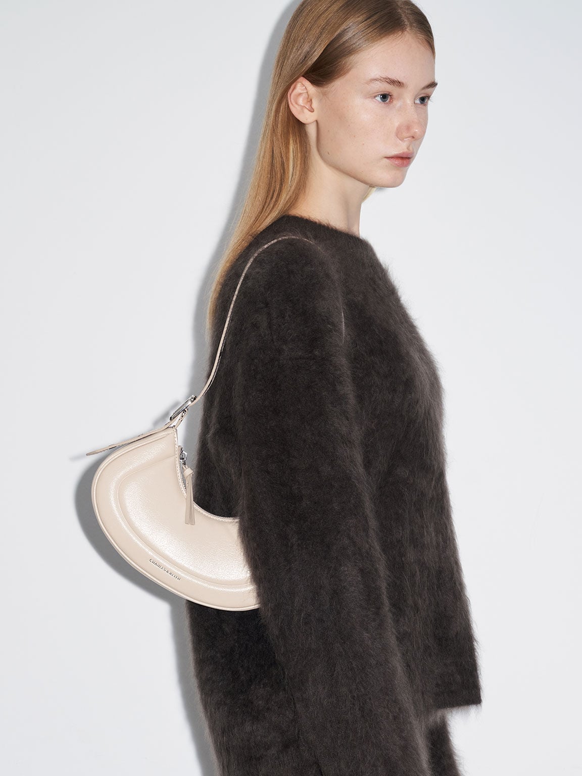 CHARLES & KEITH New / Petra Curved Shoulder Bag - Oat