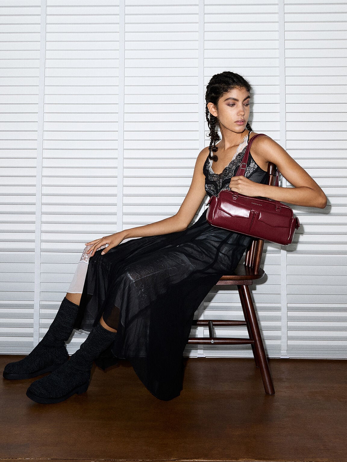 CHARLES & KEITH Best Seller / Rachel Multi-Pocket Shoulder Bag - Burgundy