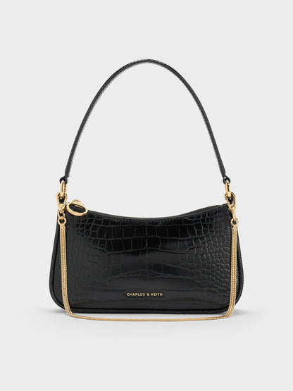CHARLES & KEITH Discount / Elspeth Croc-Effect Chain-Link Shoulder Bag - Black Croco