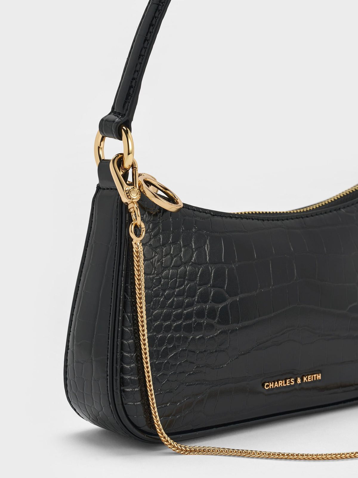 CHARLES & KEITH Discount / Elspeth Croc-Effect Chain-Link Shoulder Bag - Black Croco