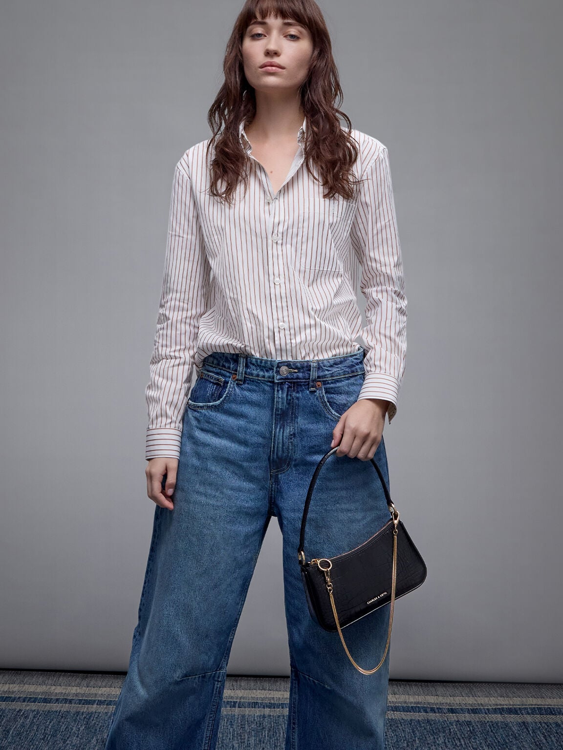 CHARLES & KEITH Discount / Elspeth Croc-Effect Chain-Link Shoulder Bag - Black Croco